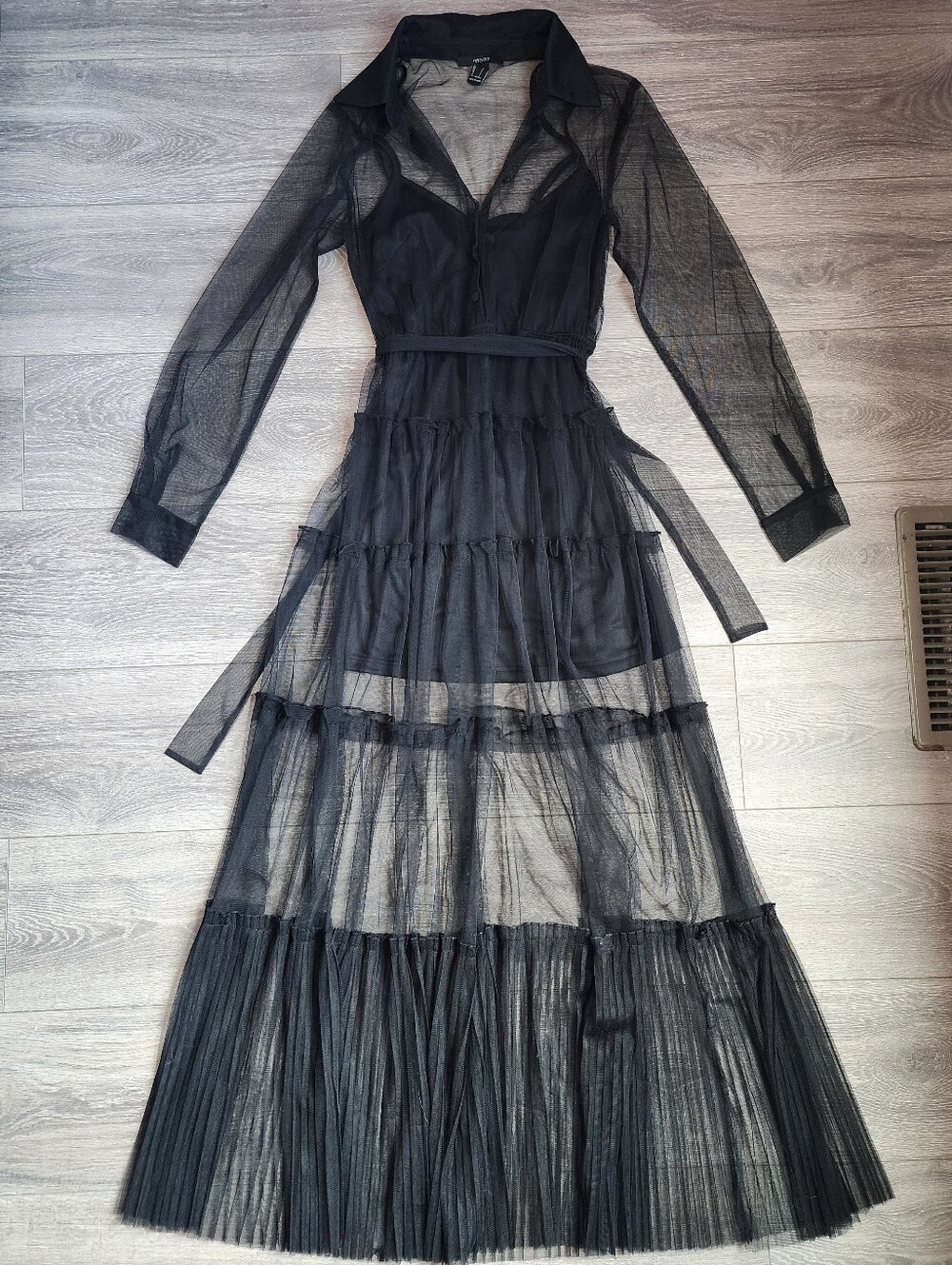 Black Sheer Tiered Long Sleeve Maxi Dress w/ Collar Whimsigoth Dark Romantic